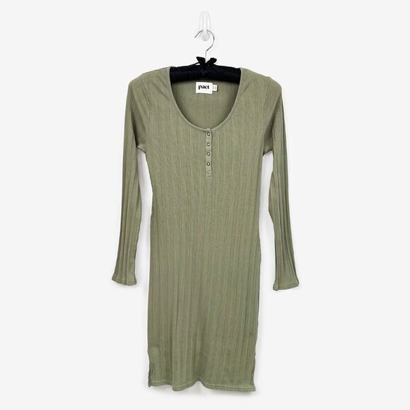 Pact Rib-Fit Henley Dress Size M Sage Green Organic Cotton Blend Casual Bodycon - Picture 1 of 4